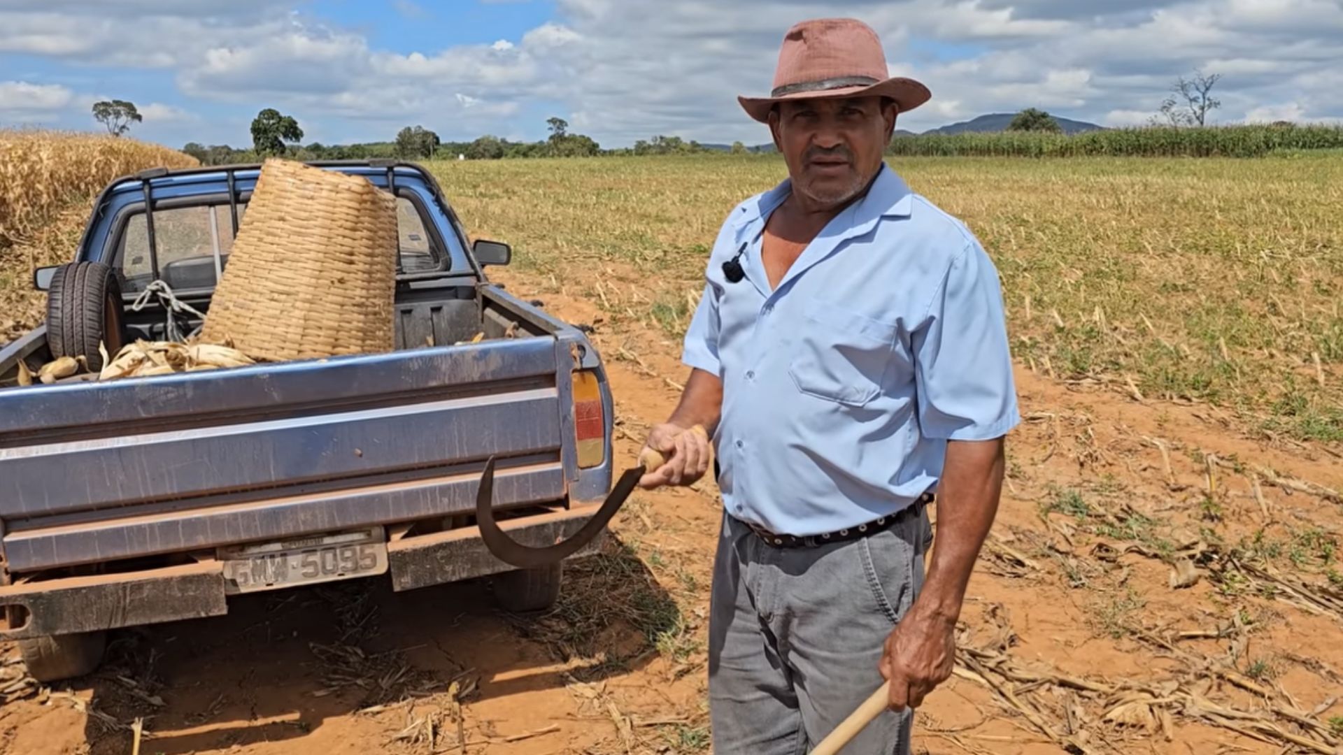 Agricultor de 70 anos em sítio rural cultivando milho e arroz e criando porcos caipiras no interior do Brasil.