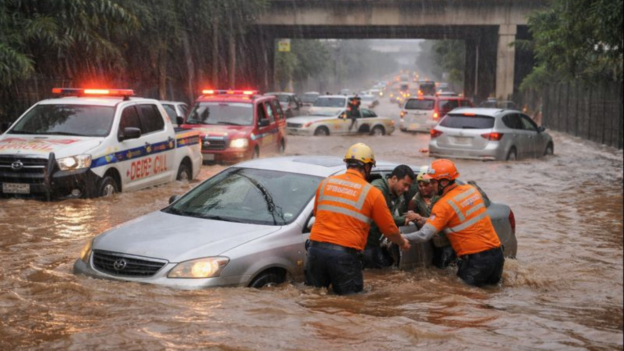 Alagamentos em Rio Claro após chuva forte deixam avenida 16 alagada