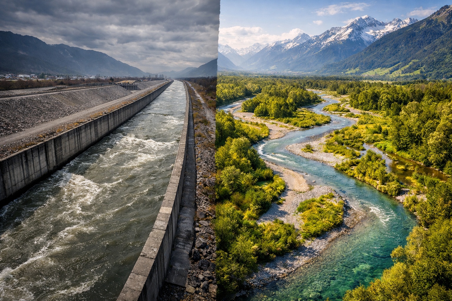 Caminhões e escavadeiras redesenham rios alpinos canalizados no século 20, removem diques de concreto, recriam meandros naturais e tentam reverter décadas de enchentes causadas por obras rígidas e retificações forçadas