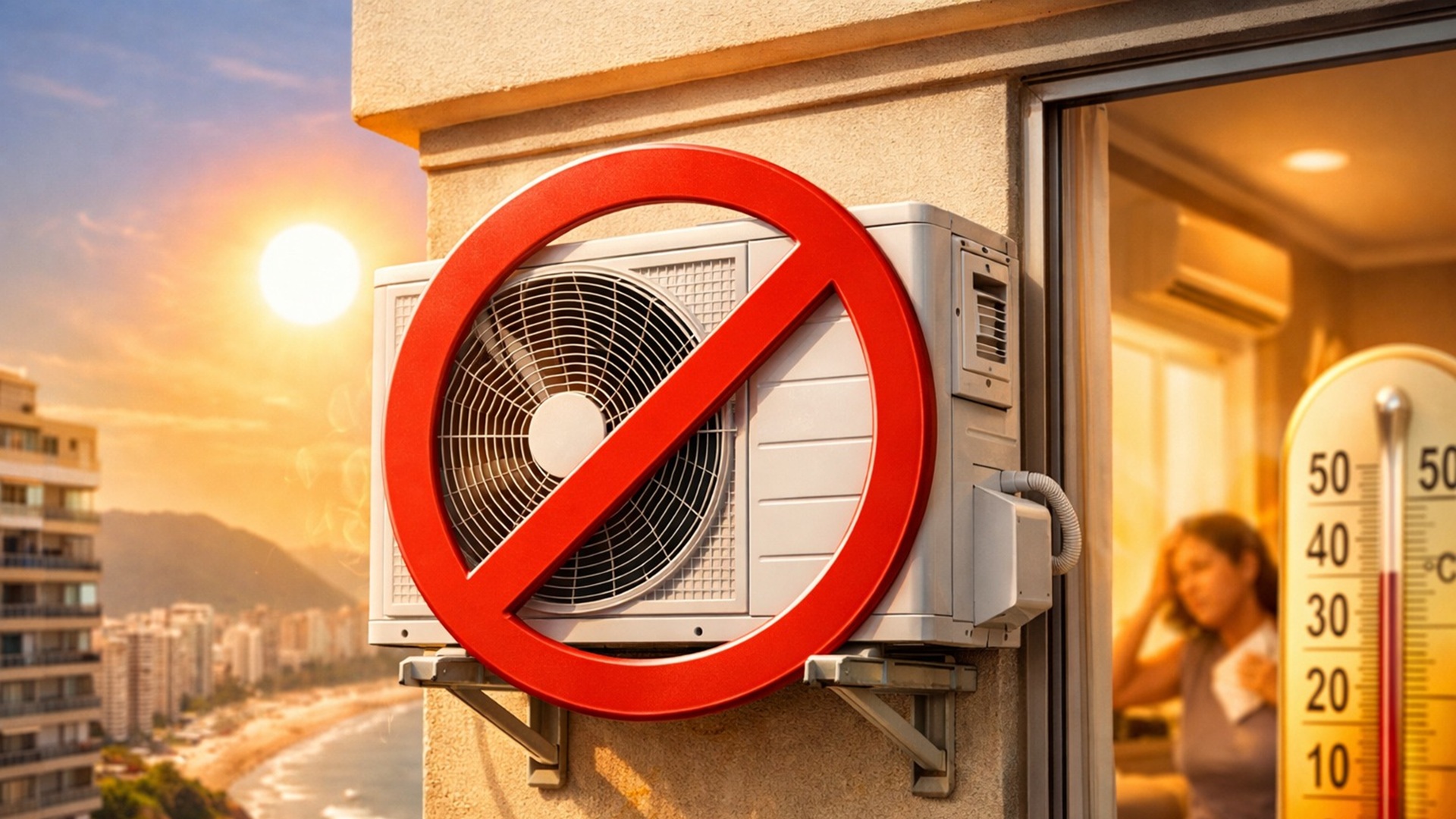 Proibição de ar-condicionado em condomínio de Santos gera mal-estar, calor extremo, disputa com construtora e ameaça de ações judiciais.