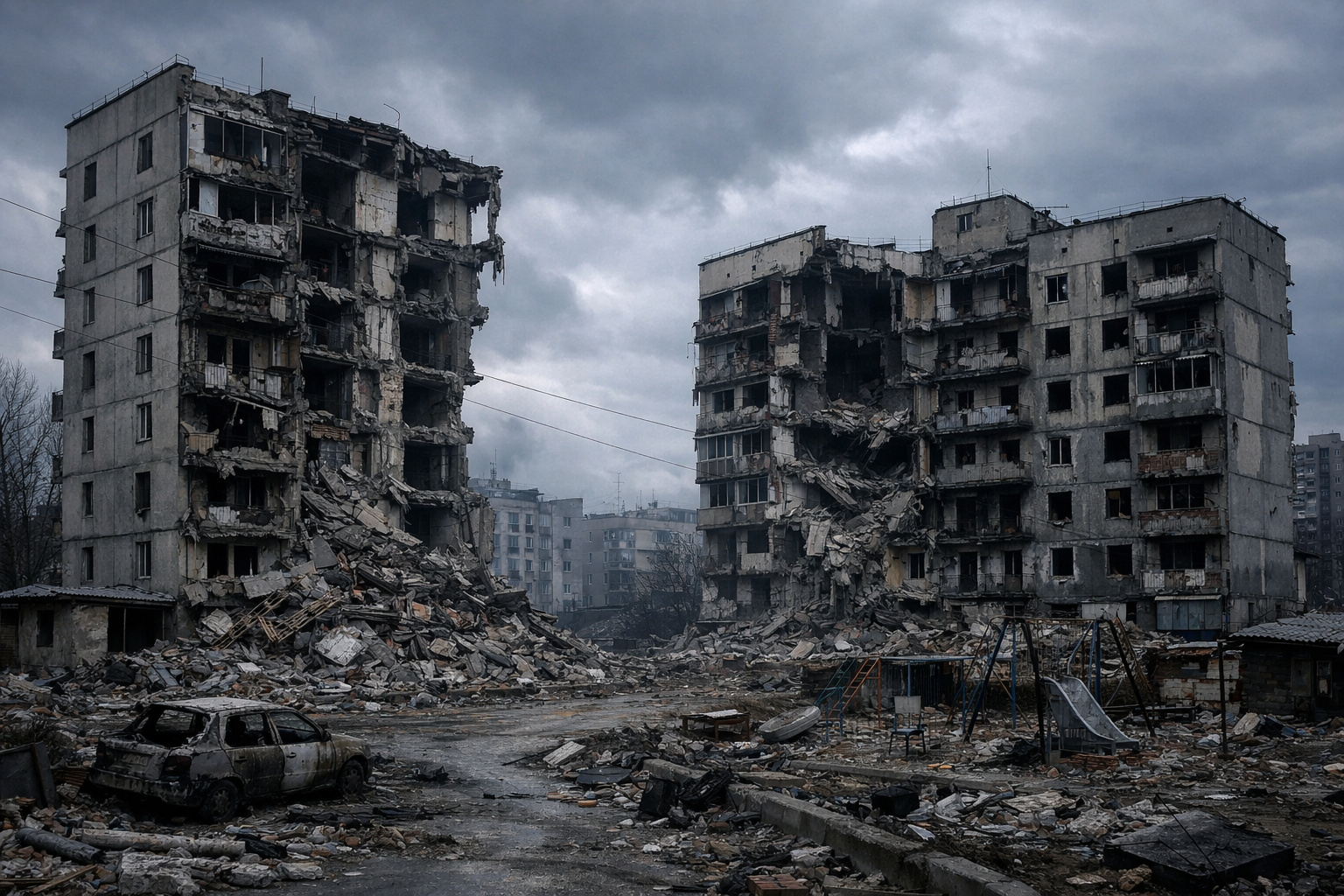 Edifícios residenciais destruídos no leste da Ucrânia após ofensivas militares da guerra entre Rússia e Ucrânia.