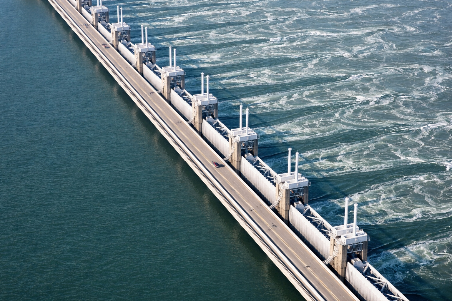 Vista aérea da barreira contra maré de tempestade Oosterscheldekering, nos Países Baixos, com pilares de concreto, comportas móveis e correntes do estuário em funcionamento.