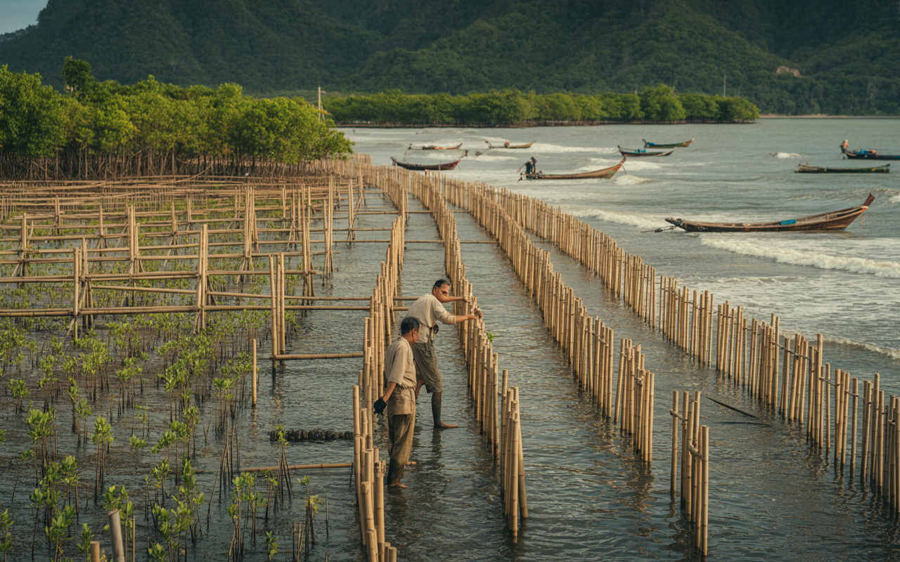 Tailândia instala quilômetros de barreiras de bambu, reduz ondas em até 70% e recria manguezais para segurar o avanço do mar e recuperar áreas costeiras