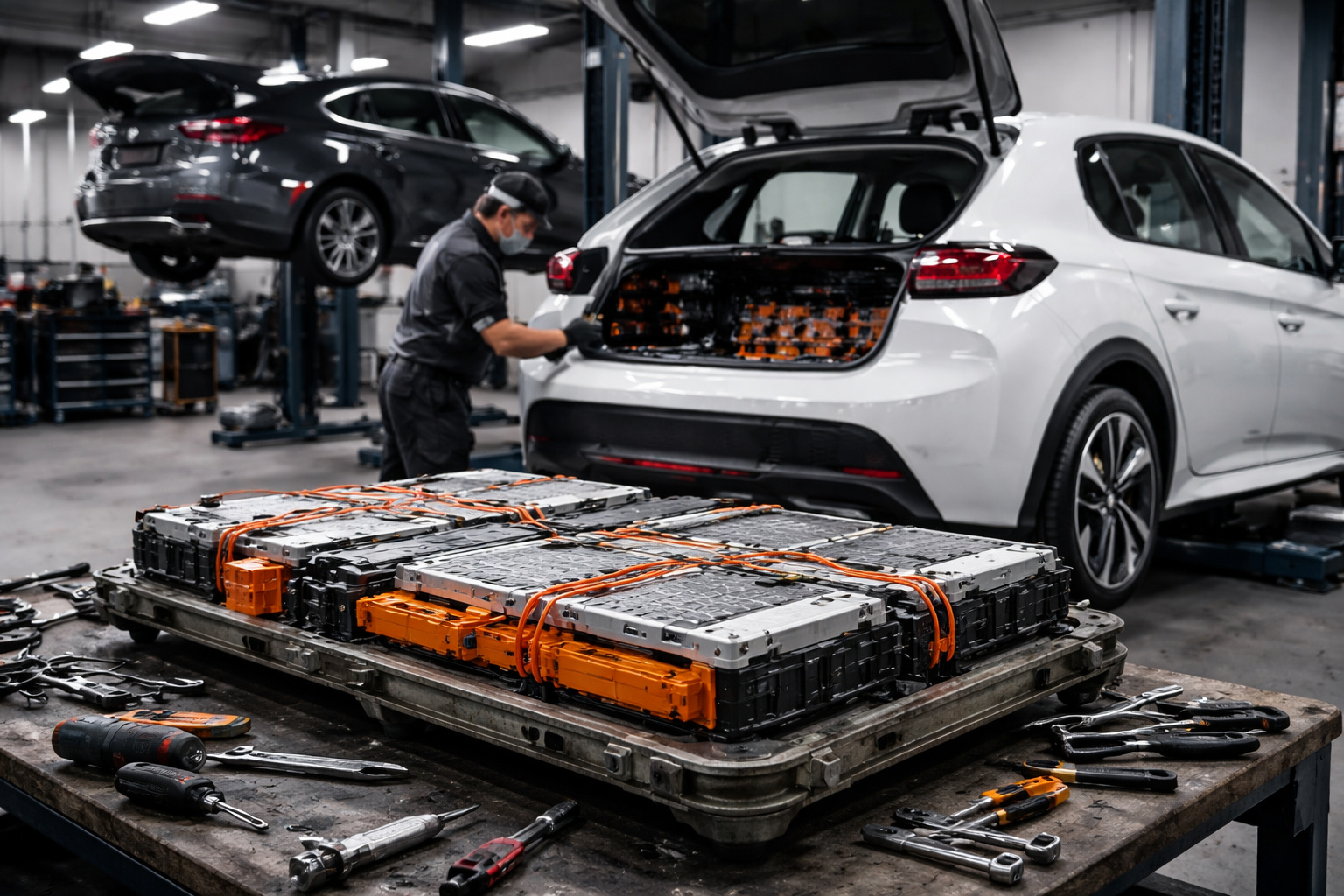 Técnico realiza substituição de bateria de tração em carro elétrico dentro de oficina especializada, com módulos de íons de lítio desmontados ao fundo.