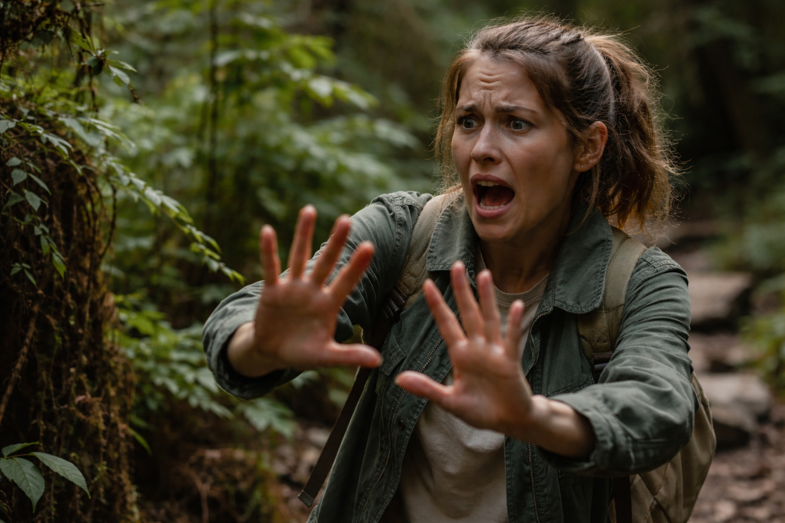 Pessoa demonstrando desconforto em meio a um ambiente natural denso, representando a aversão ao contato com a natureza associada à biofobia.