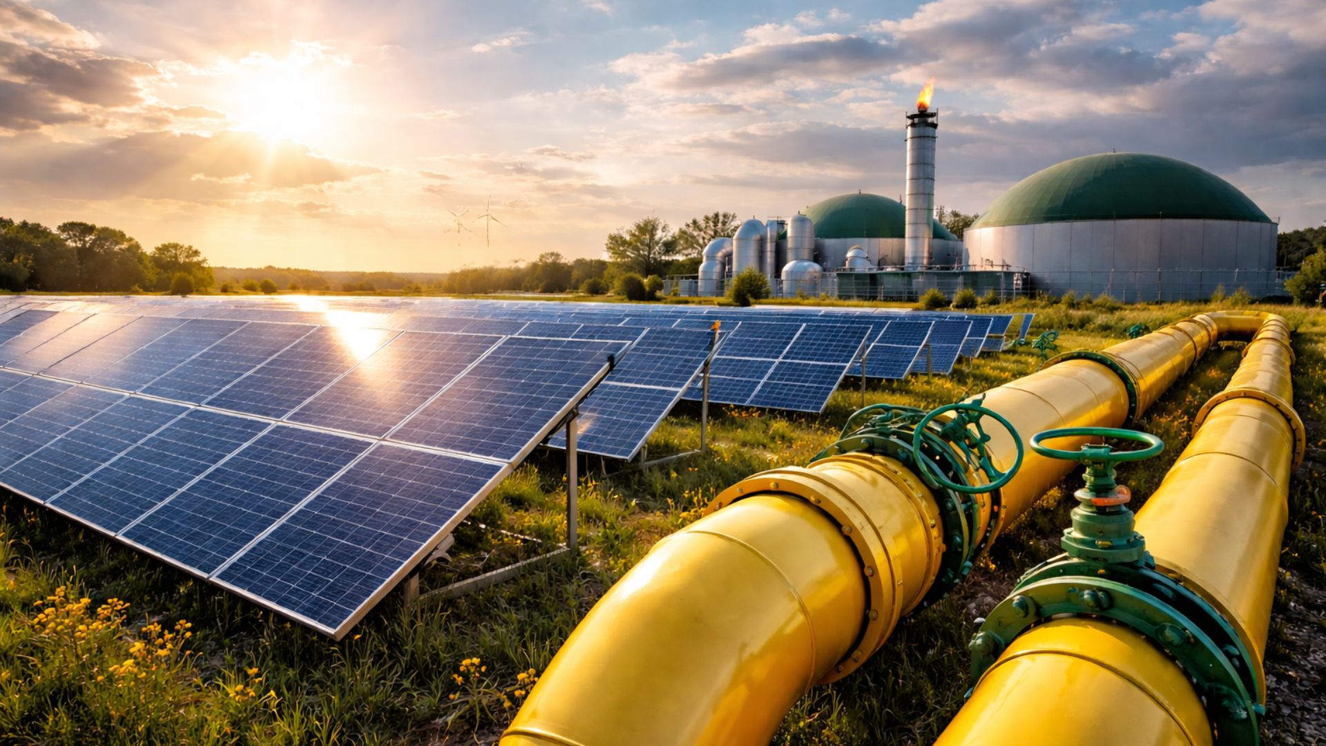 Painéis solares em operação no Oeste Paulista ao lado de tubulação de biogás e planta de biometano, simbolizando a expansão da geração de energia renovável no interior de São Paulo.