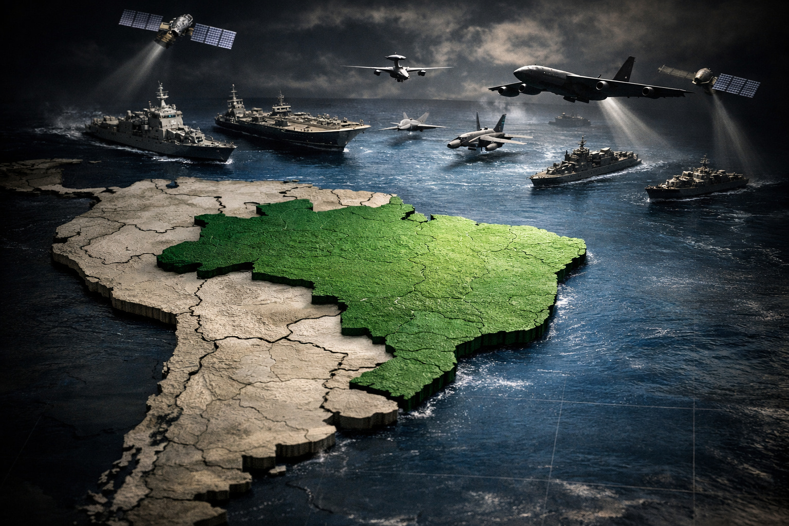 Mapa do Brasil destacado enquanto forças militares dos Estados Unidos simbolizam capacidade de ação e projeção de poder na América do Sul.