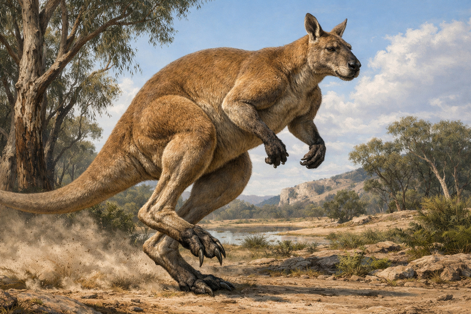 Canguru gigante pré-histórico do Pleistoceno com ossos e patas traseiras adaptadas para o salto.