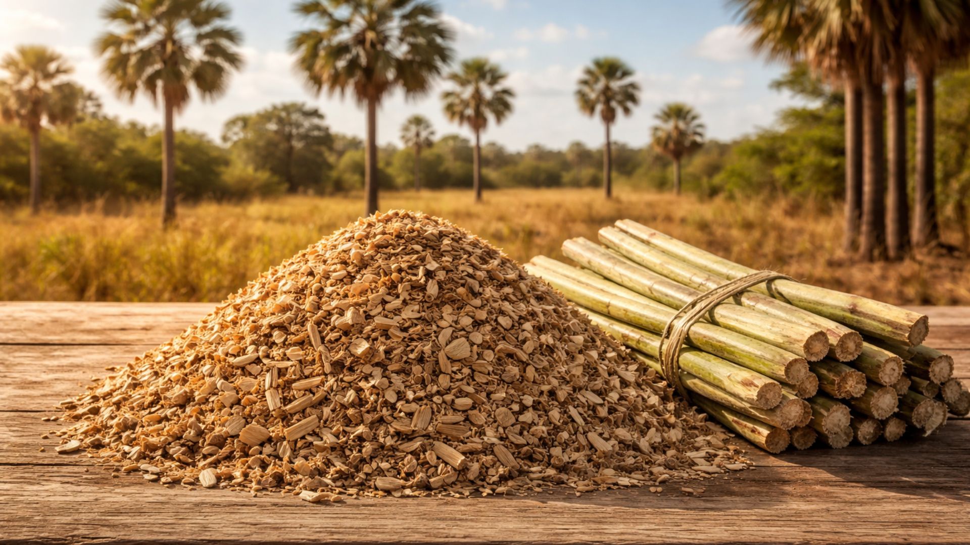 Biomassa da carnaúba disposta sobre superfície de madeira ao lado de talos da palmeira, com carnaúbas ao fundo em ambiente rural do Nordeste brasileiro.