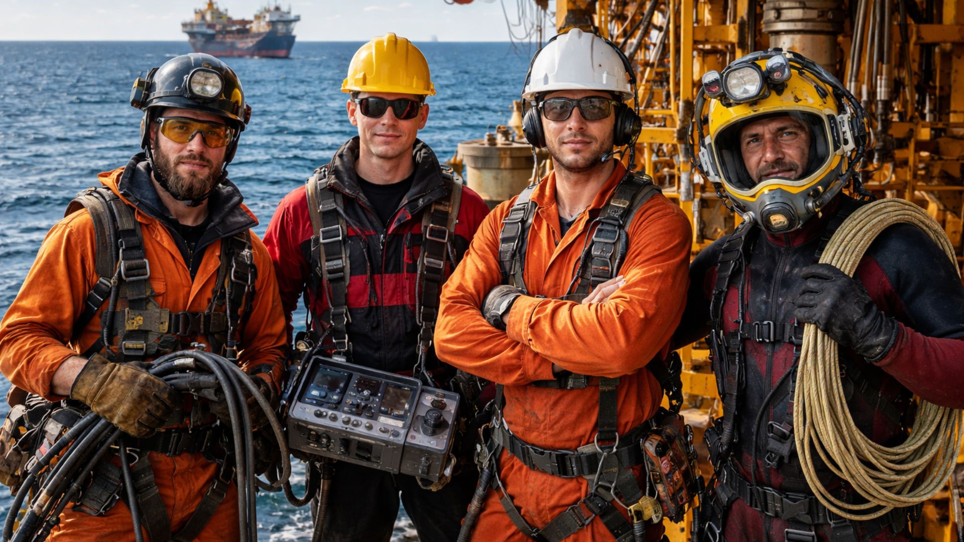 Técnicos offshore especializados atuam em plataforma em alto-mar, com equipamentos de segurança e estruturas industriais do setor energético ao fundo.