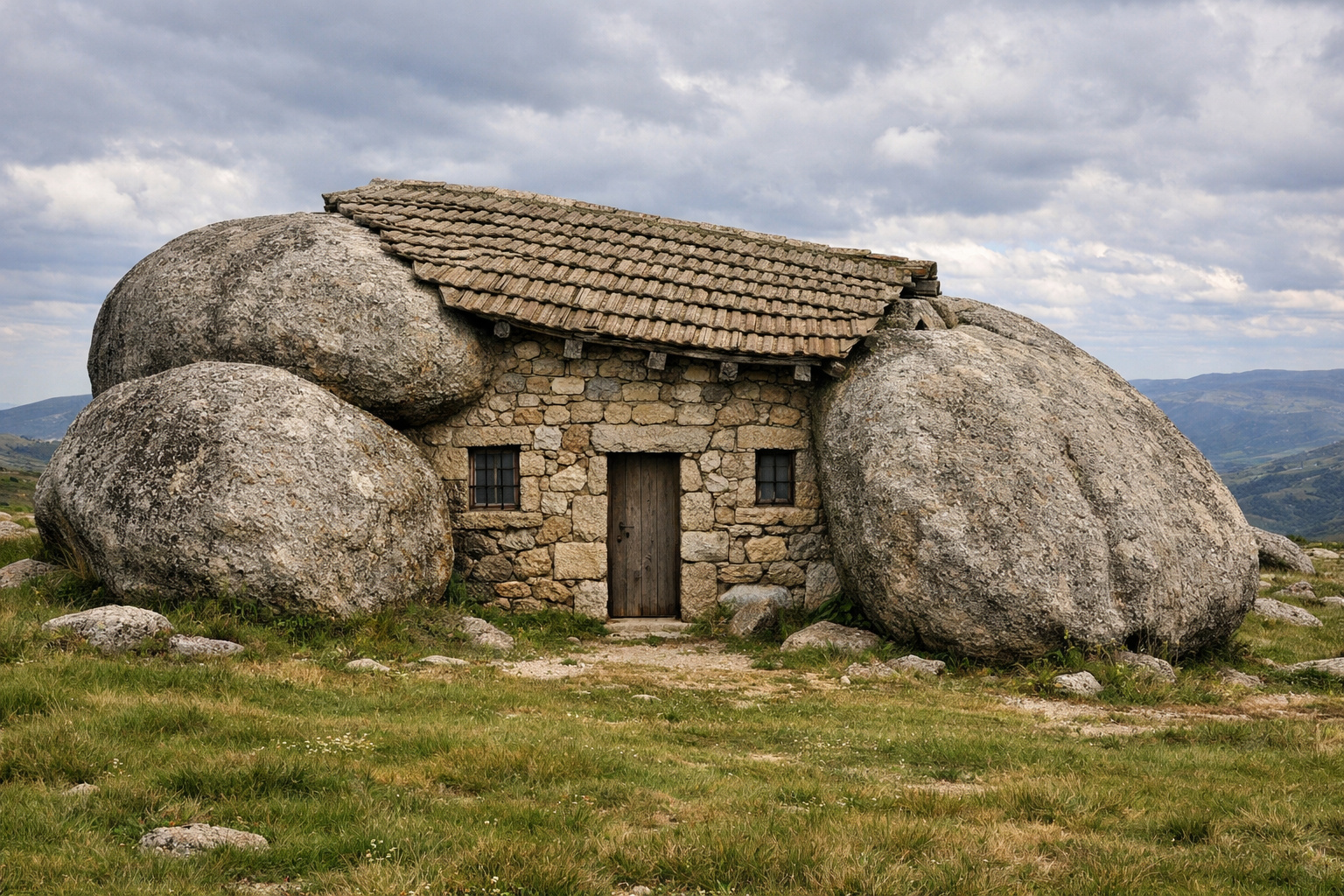 Casa do Penedo construída entre quatro rochas gigantes de granito em Portugal, exemplo de arquitetura orgânica sem eletricidade.