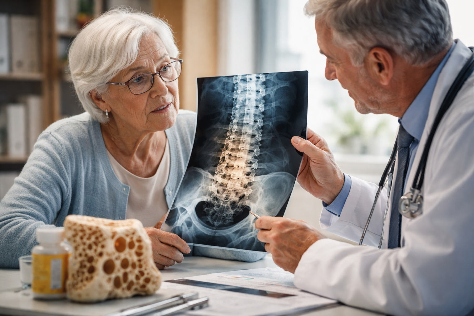 Paciente idosa analisa exame de coluna com médico durante avaliação clínica relacionada à osteoporose e à fragilidade óssea associada ao envelhecimento.