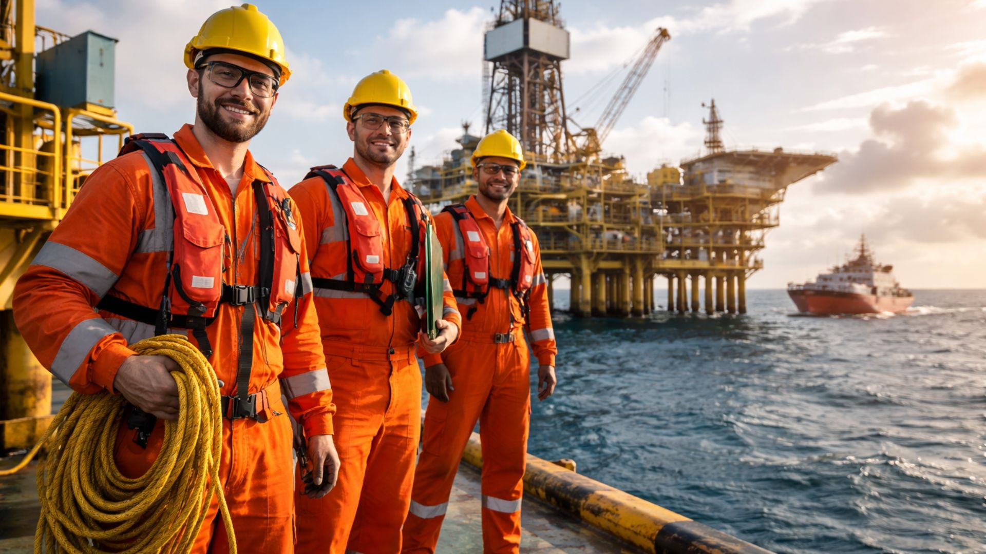 Trabalhadores offshore usando EPIs completos em plataforma de petróleo no mar, com embarcação de apoio ao fundo durante operação no setor de óleo e gás.