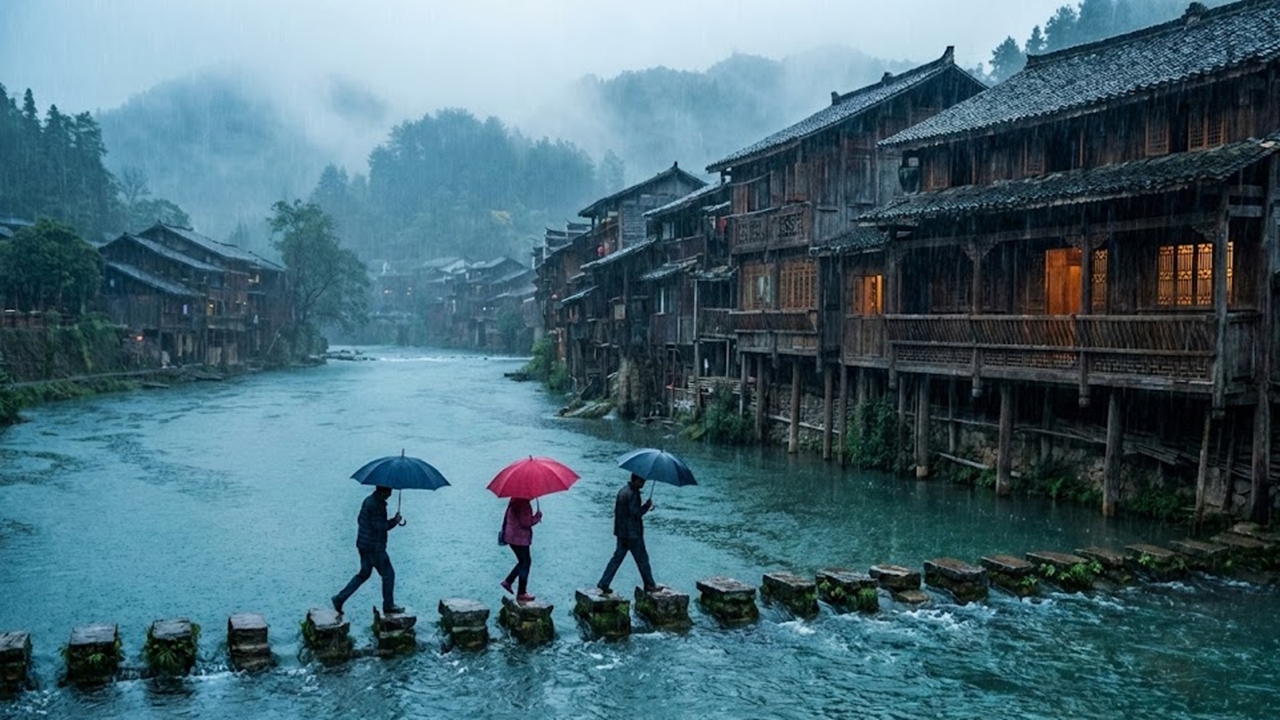 Fenghuang é uma cidade histórica da China com casas sobre palafitas, rio Tuojiang e arquitetura preservada sob neblina constante. (Imagem: Reprodução/BMC)