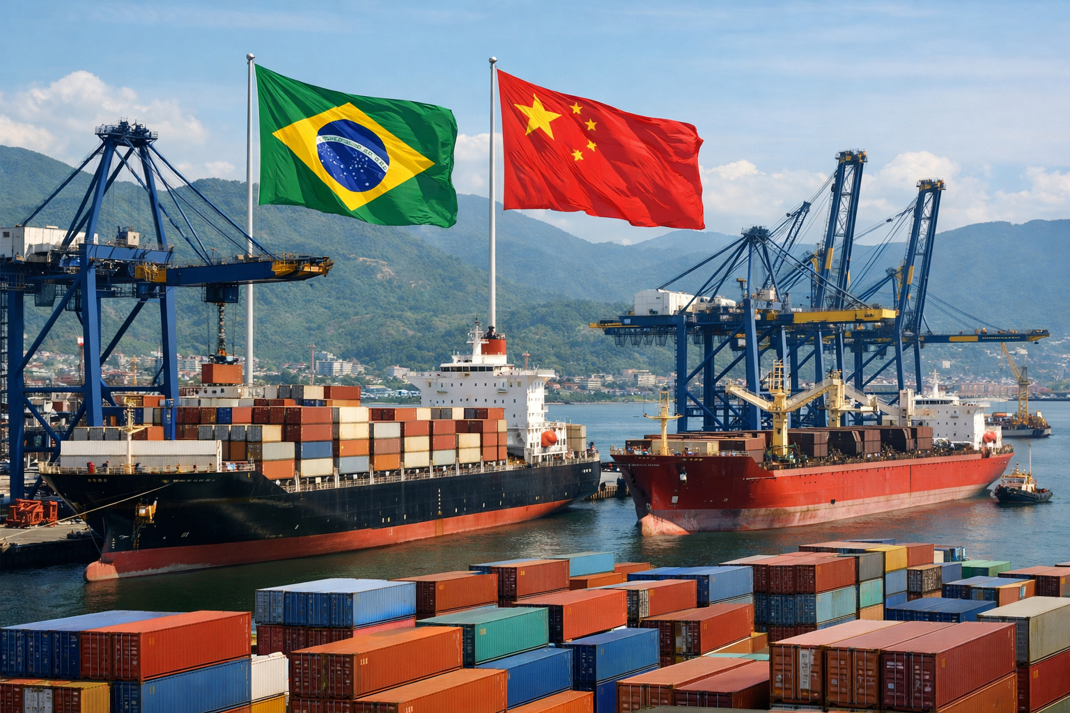Navios cargueiros em porto brasileiro representam o recorde histórico do comércio entre Brasil e China