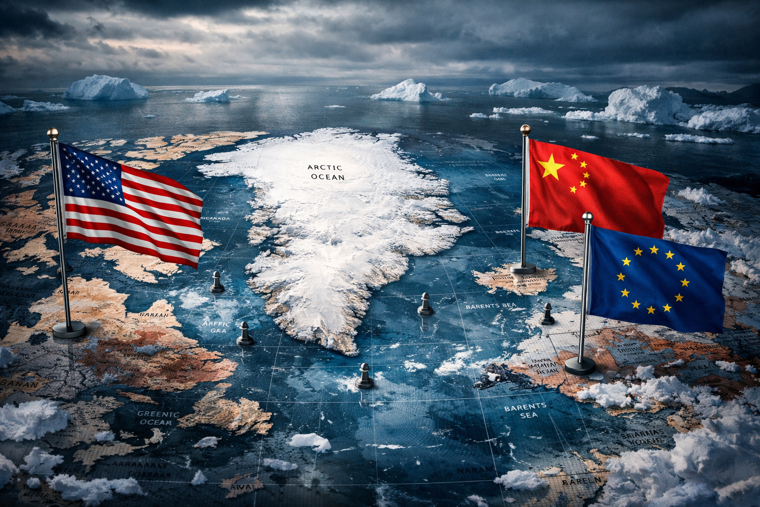 Mapa do Ártico destacando a Groenlândia em meio à tensão diplomática entre China e Estados Unidos