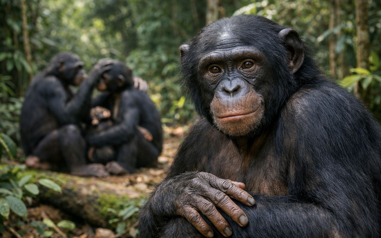 Pesquisa internacional mostra que bonobos respondem a possíveis invasões fortalecendo relações sociais, sem agressividade.