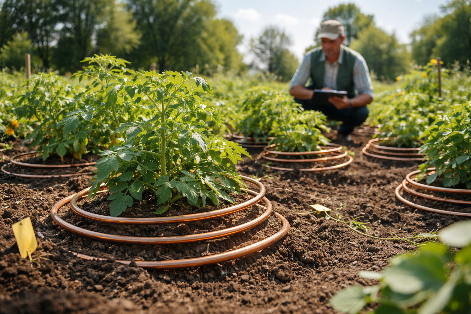 Espiral de fio de cobre enterrada ao lado de plantas saudáveis em experimento de eletrocultura agrícola.