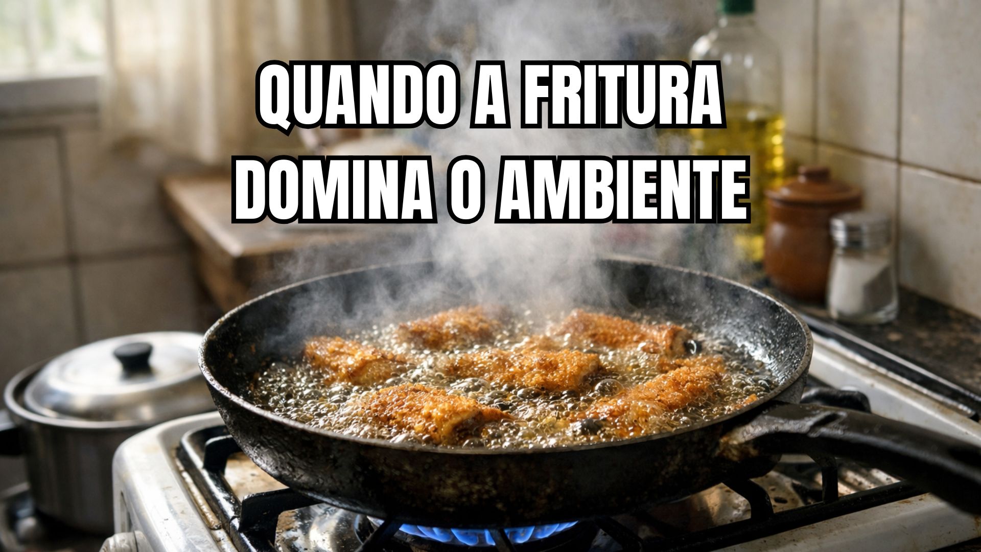 Cozinha com panela fervendo cascas de laranja e canela para eliminar cheiro de fritura.