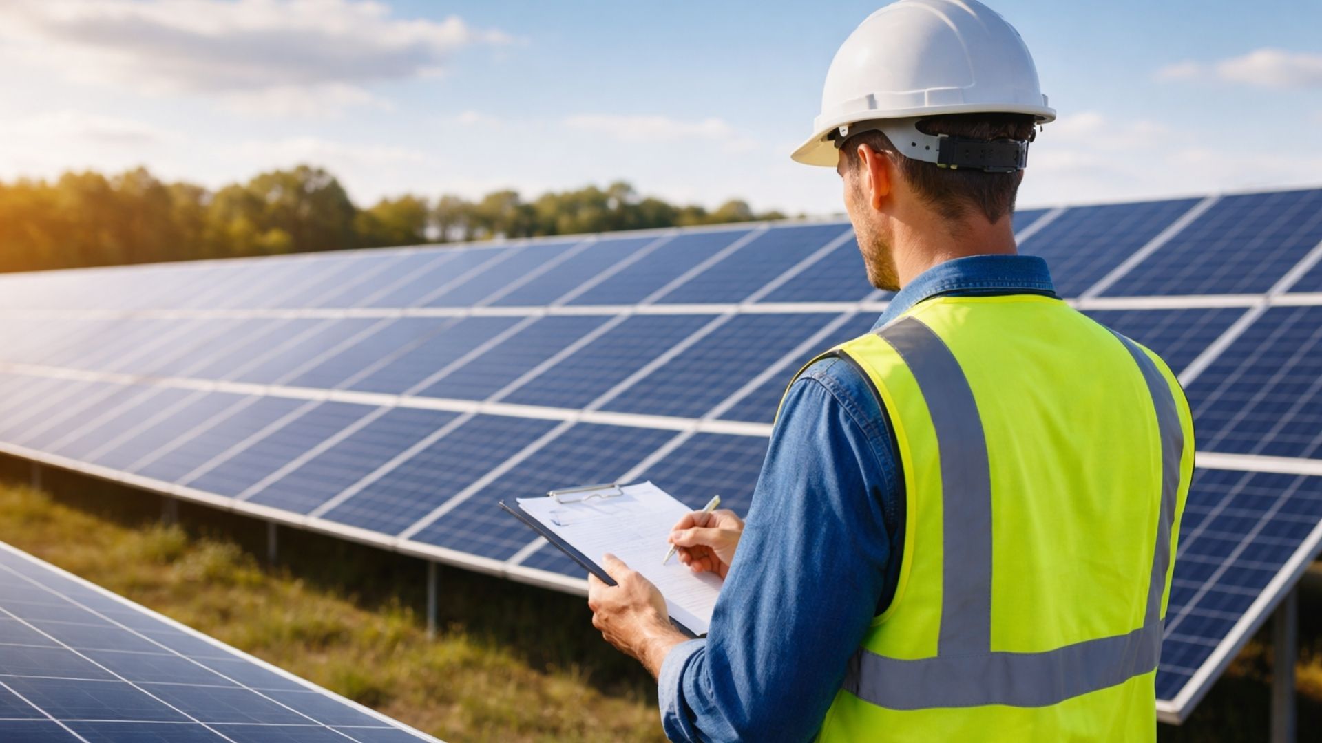 Trabalhador do setor de energia solar analisa usina fotovoltaica no Brasil, representando a geração de empregos verdes impulsionada por bioenergia e solar, segundo dados da Irena.