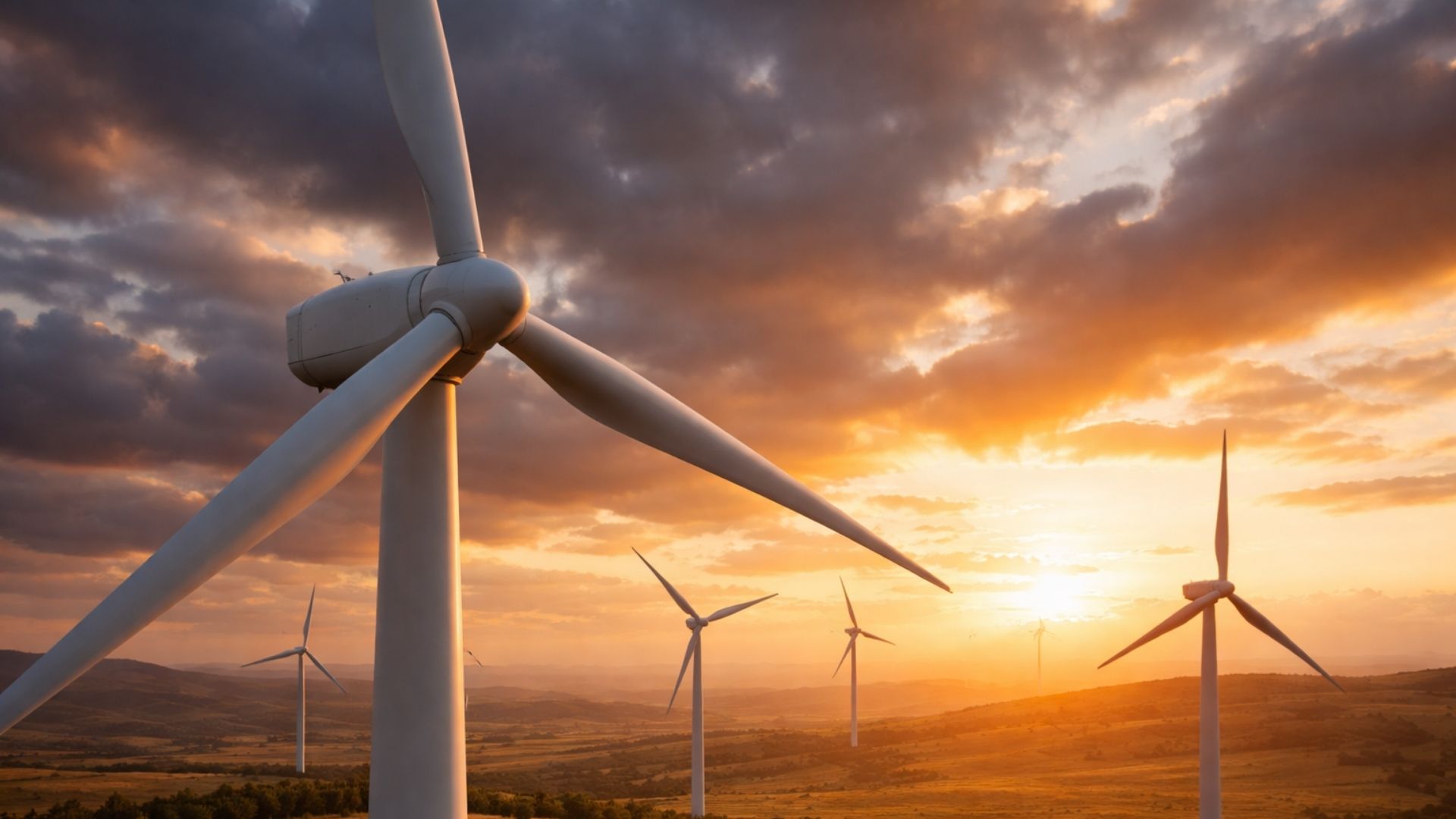 Parque eólico onshore com turbina em primeiro plano e outras ao fundo, representando a expansão da energia eólica e seu papel na transição energética no Brasil.