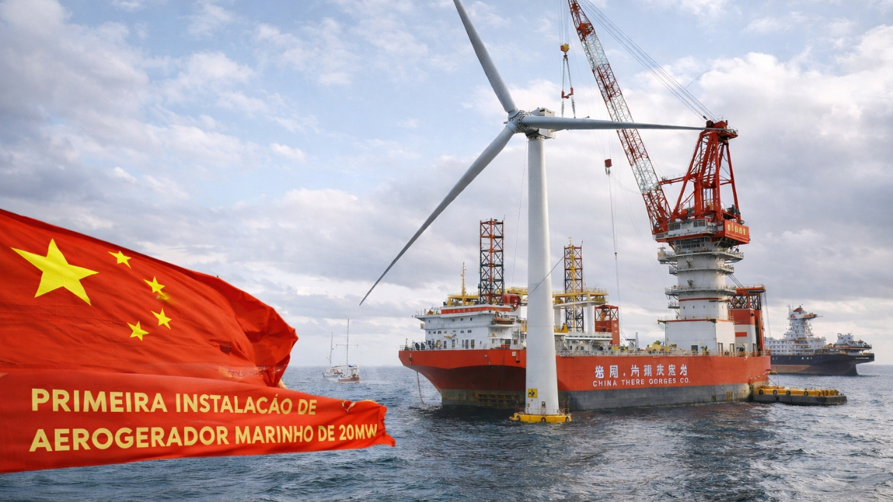Energia eólica ganha escala inédita com a instalação, pela China, do primeiro aerogerador offshore de 20 MW do planeta, capaz de abastecer milhares de residências e reduzir emissões.