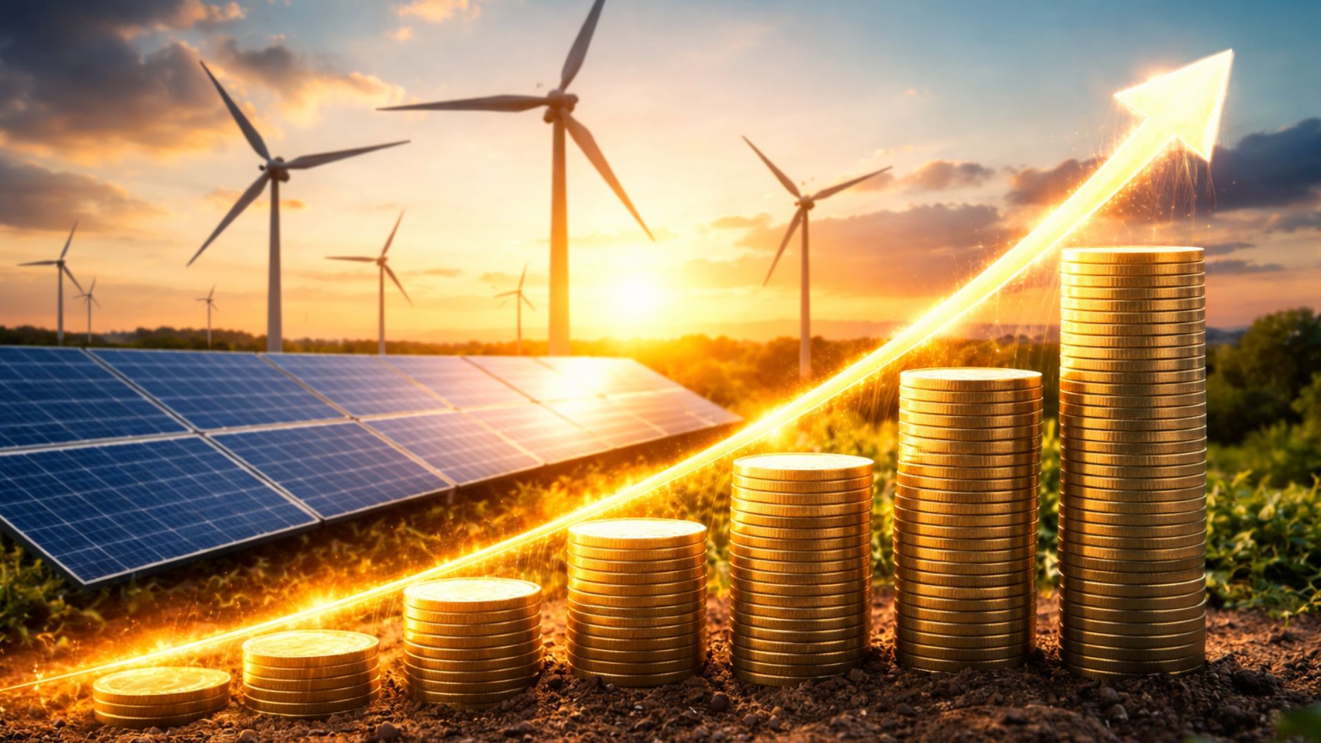 Painéis solares e turbinas eólicas ao pôr do sol com pilhas de moedas em crescimento, simbolizando o recorde de investimento global em energia limpa e a aceleração da transição energética.