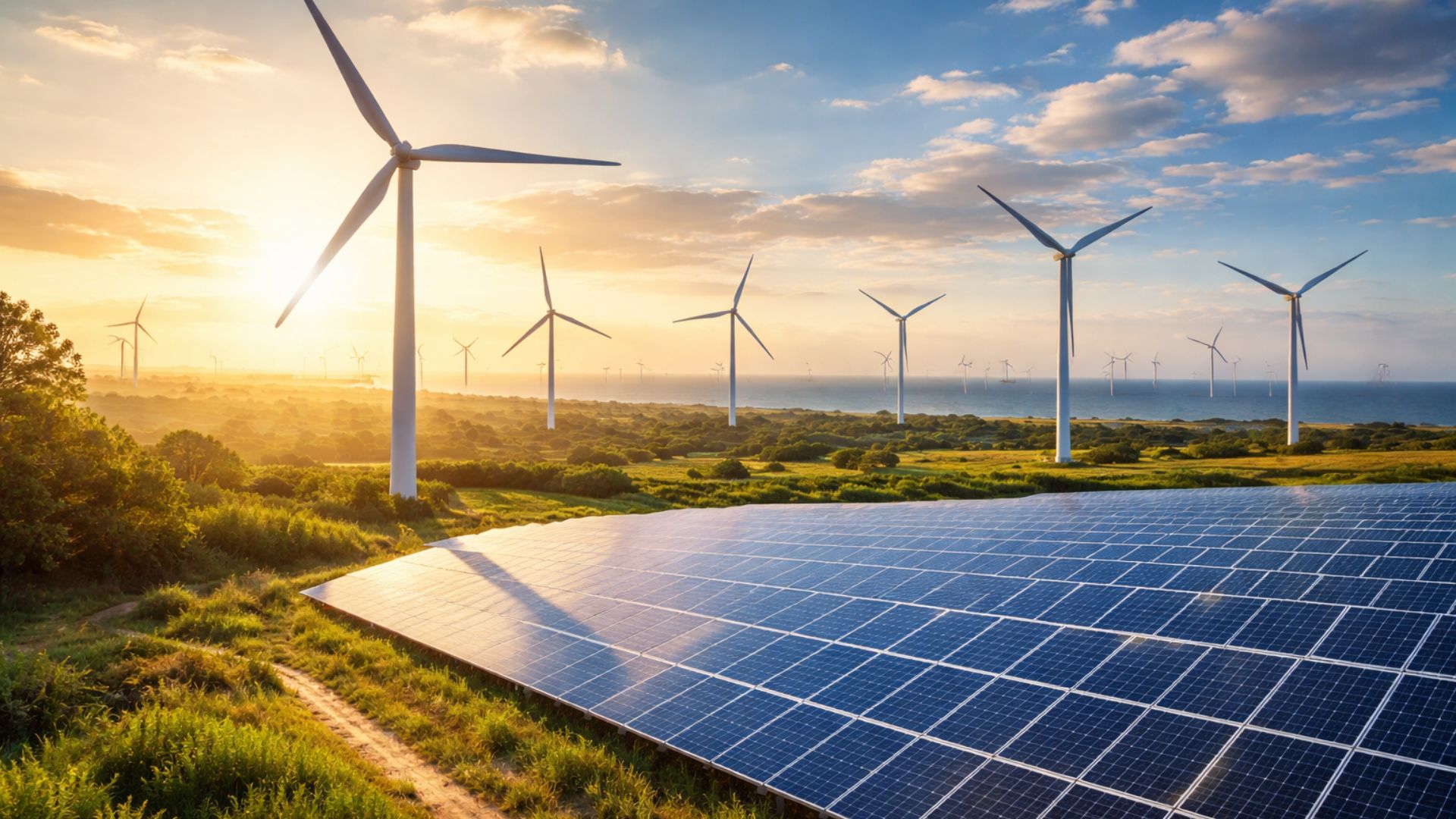 Parque de energia renovável no Rio Grande do Norte com painéis solares em primeiro plano e aerogeradores eólicos ao fundo, representando a matriz elétrica limpa do estado.