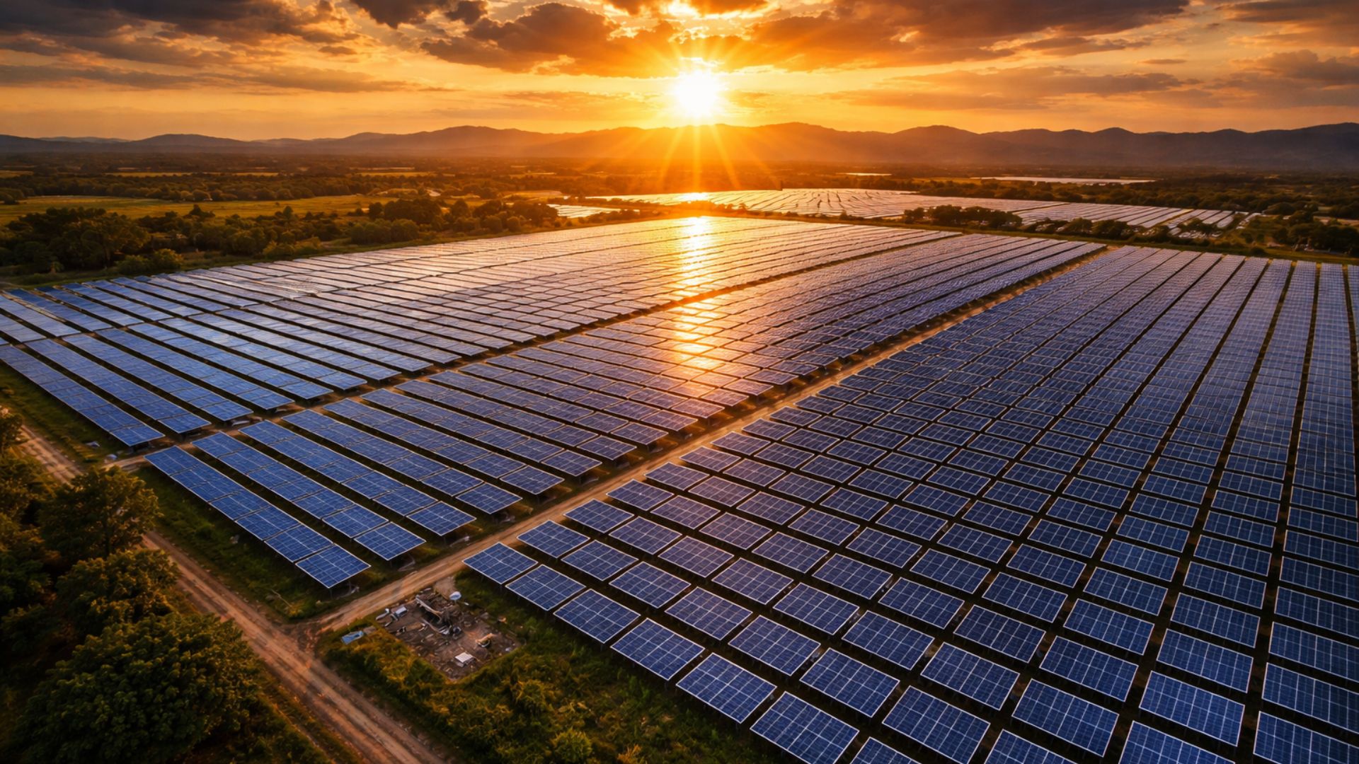 Vista aérea de uma grande usina de painéis solares no Brasil, com fileiras de módulos fotovoltaicos instalados em larga escala para geração de energia limpa e renovável.