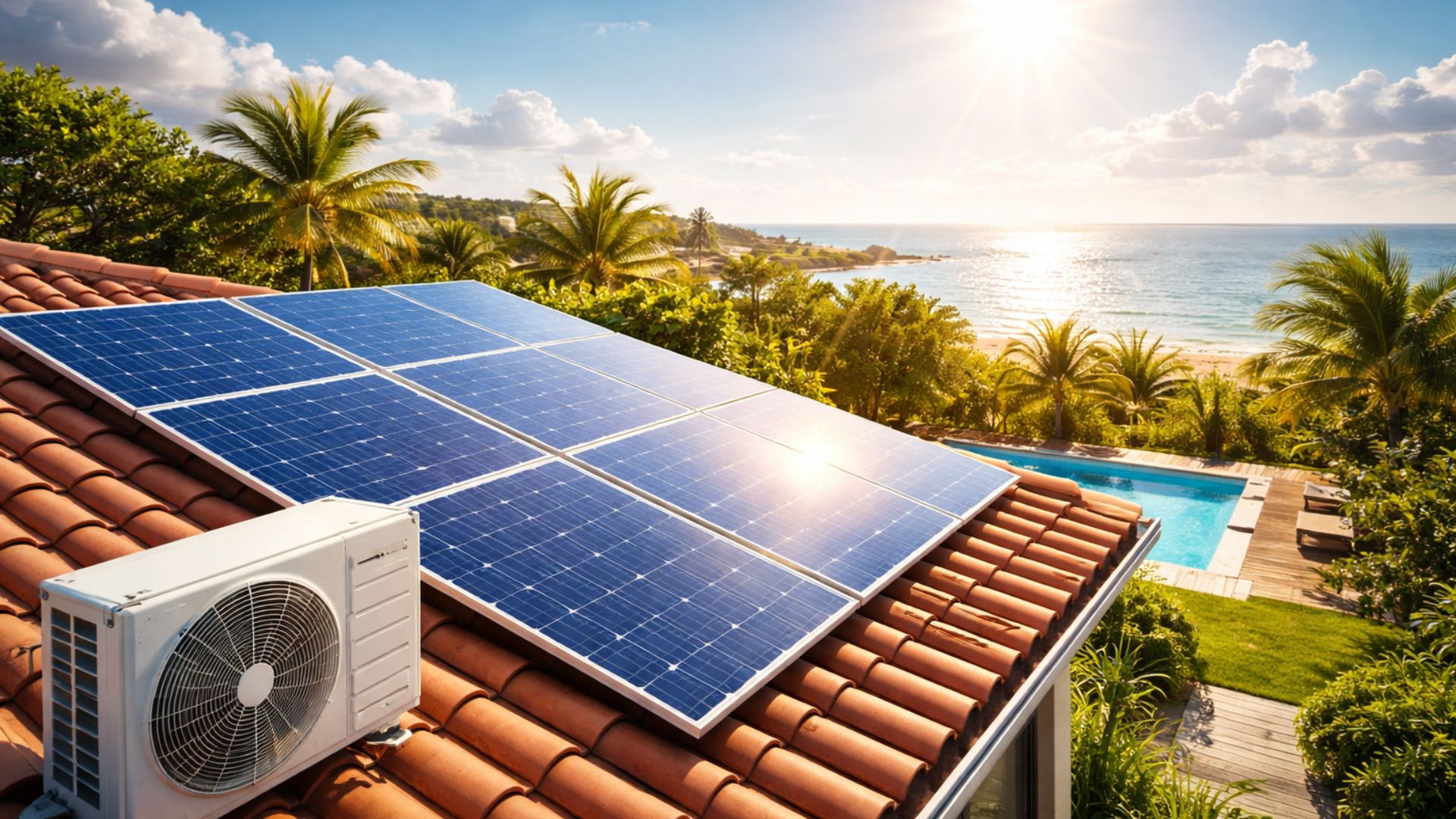 Painéis de energia solar instalados em telhado residencial sob forte incidência solar durante o verão, representando geração de energia limpa e redução da conta de luz.