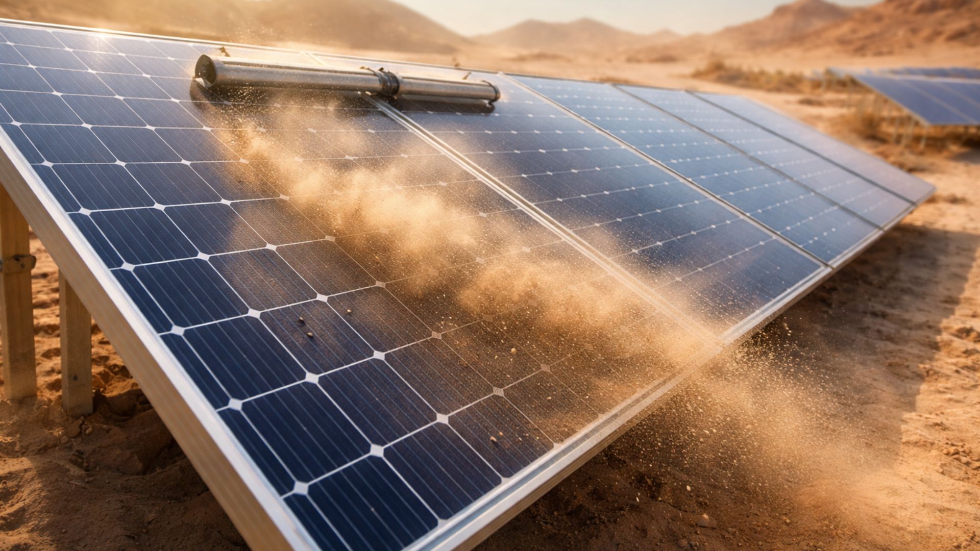 Painel solar em área desértica remove poeira automaticamente por meio de tecnologia de vibração, mantendo a superfície limpa e preservando a eficiência energética