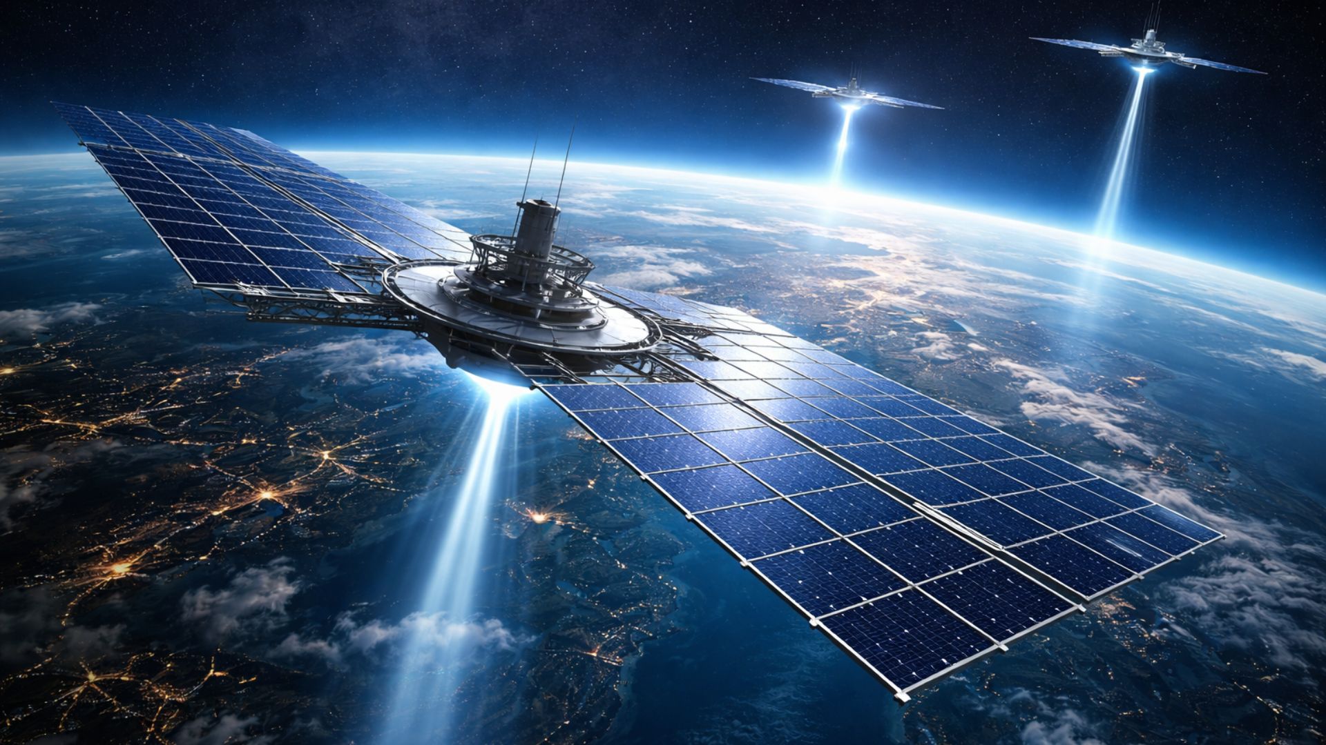 Satélites com grandes painéis solares em órbita da Terra transmitem energia sem fio em um conceito de energia solar espacial.