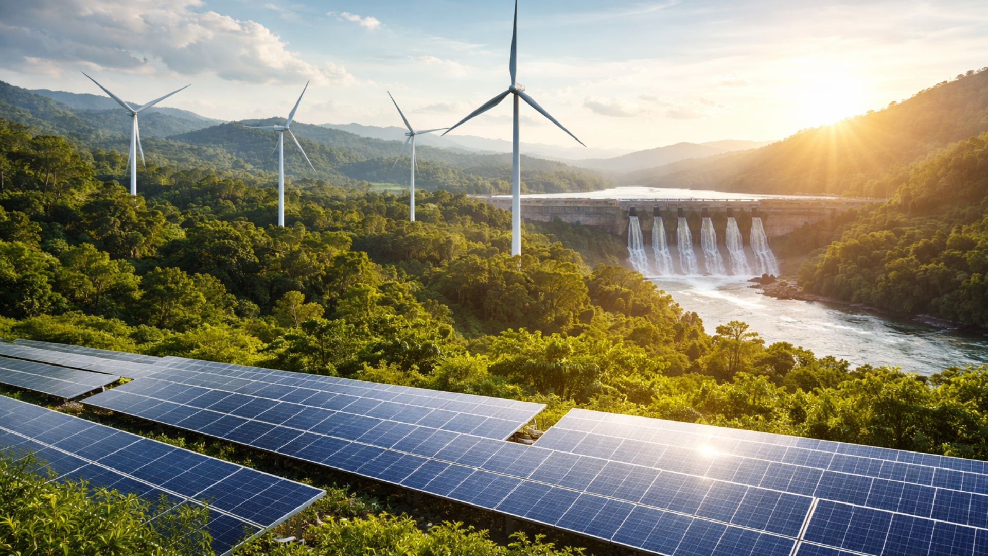 Painéis solares, turbinas eólicas e usina hidrelétrica integrados à paisagem natural representam a transição energética e a matriz energética renovável do Brasil até 2030