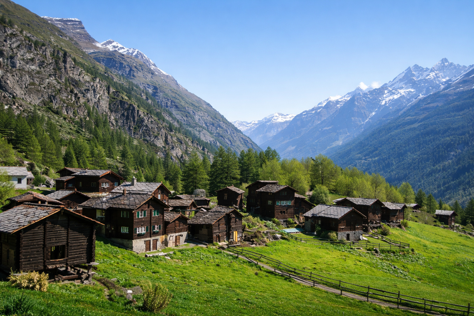 Vilarejo nos Alpes suíços com chalés de madeira, áreas verdes, montanhas ao fundo e paisagem típica da vida nas montanhas da Suíça.