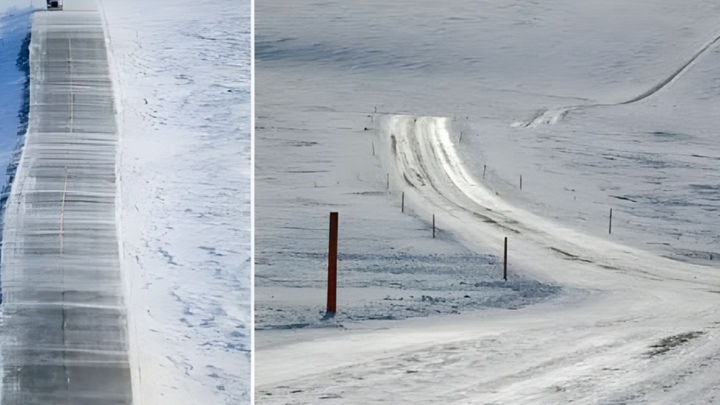 Com 667 km de extensão atravessando gelo permanente, esta estrada foi construída sobre camadas artificiais para não afundar no permafrost e se manter estável em uma das regiões mais hostis do planeta