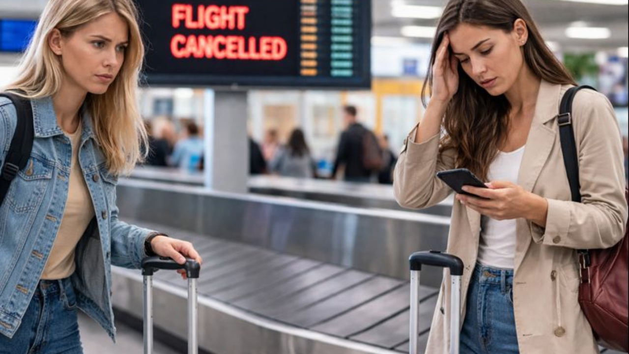 Viagem internacional é afetada por extravio de bagagens e cancelamento de voos; passageiras planejam buscar indenização aérea.