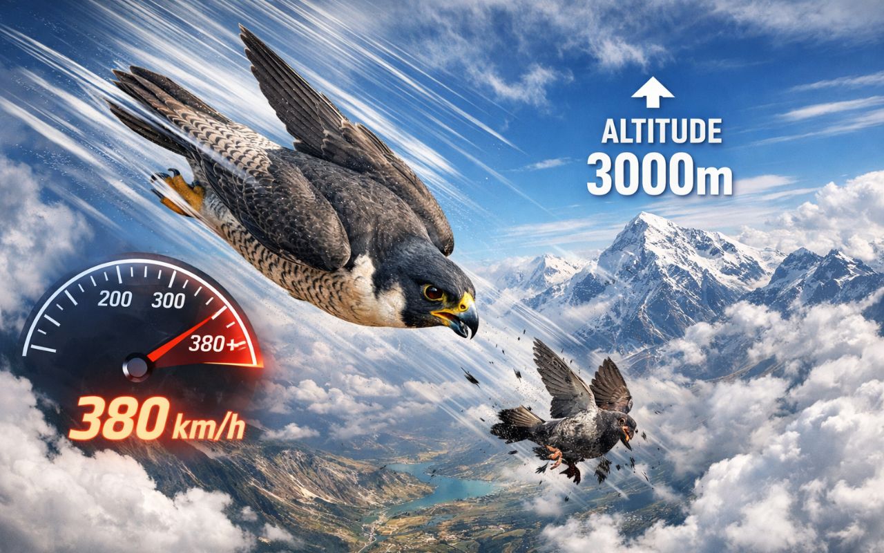 O falcão-peregrino, considerado o animal mais rápido do mundo, alcança mais de 380 km/h em mergulhos e já realizou caçadas a quase 3 mil metros de altitude.
