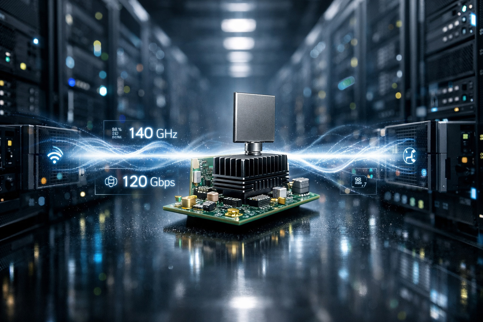 Ilustração de data center com transmissão de dados sem fio em altíssima velocidade, simbolizando a fibra óptica sem fio e o futuro do 6G.