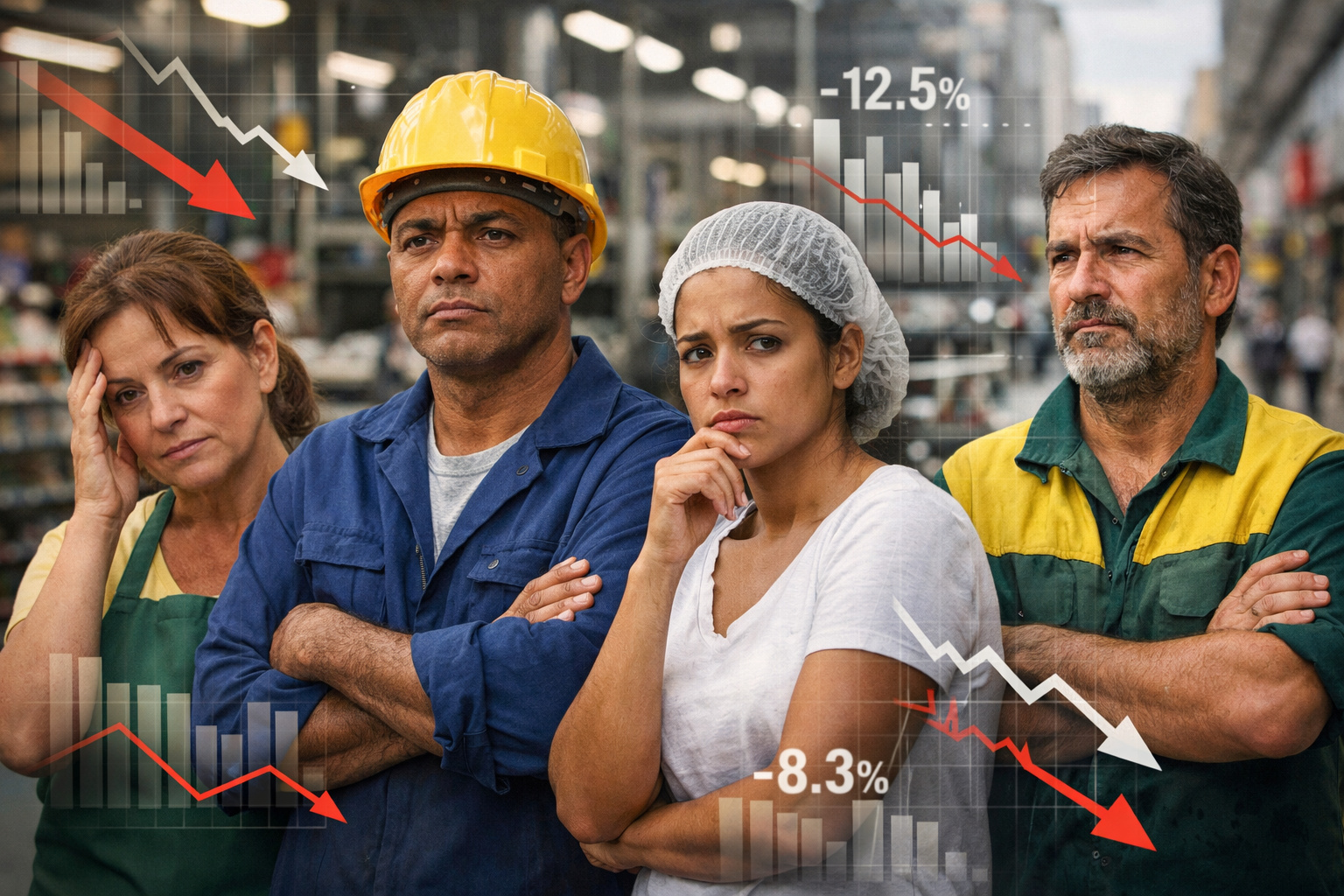 Trabalhadores e gráficos ilustram impacto do fim da escala 6x1 na economia brasileira.