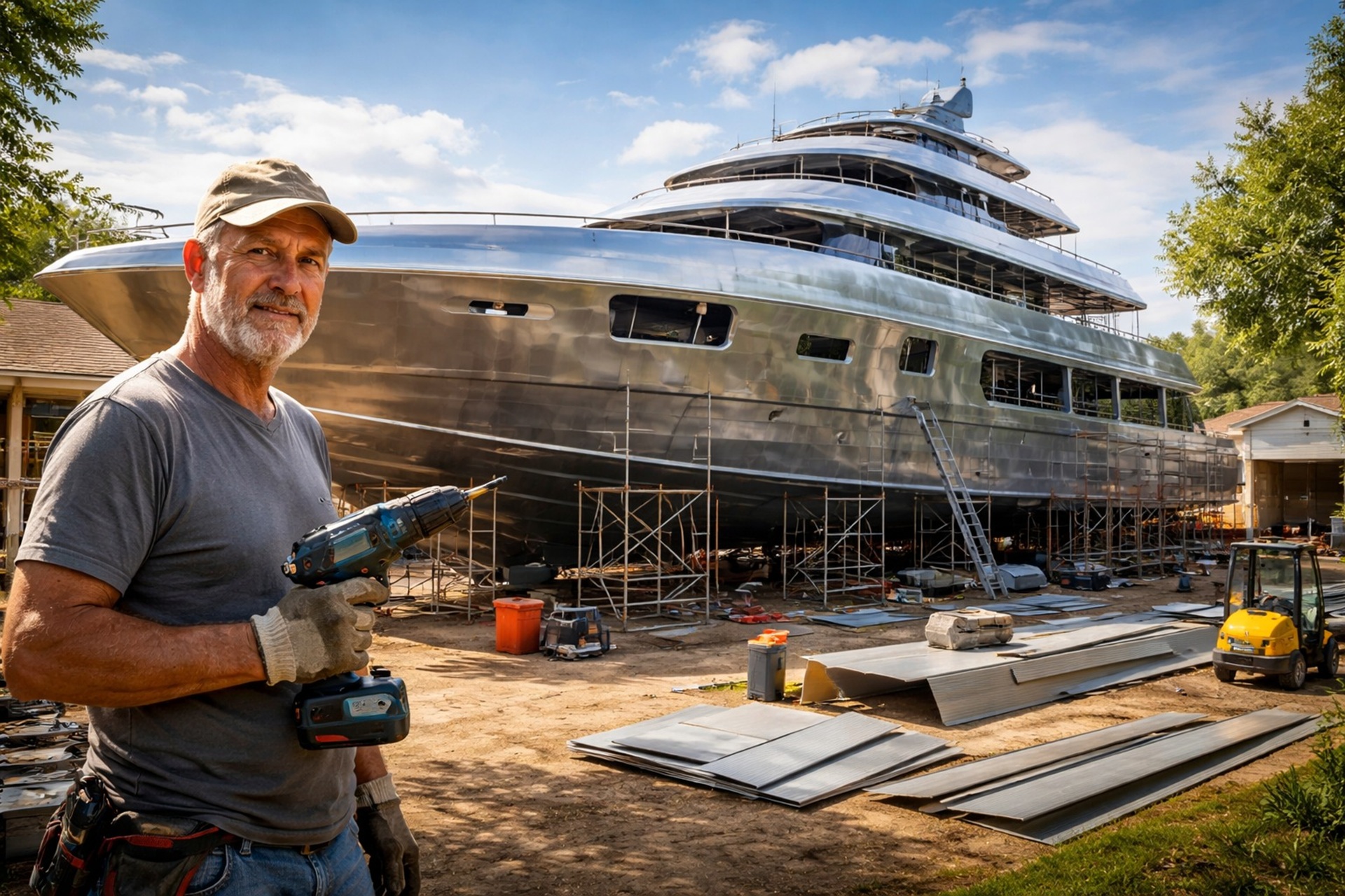 Americano constrói iate de 30 metros no quintal, leva cinco anos, usa alumínio industrial e corta embarcação para levá-la ao mar.