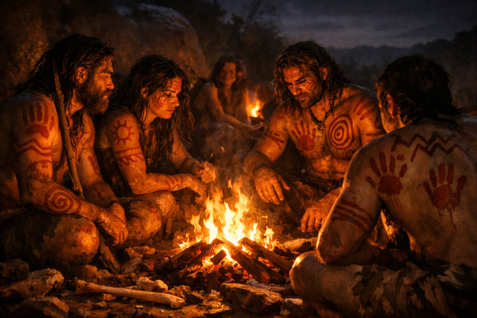 Homo sapiens ao redor do fogo na pré-história