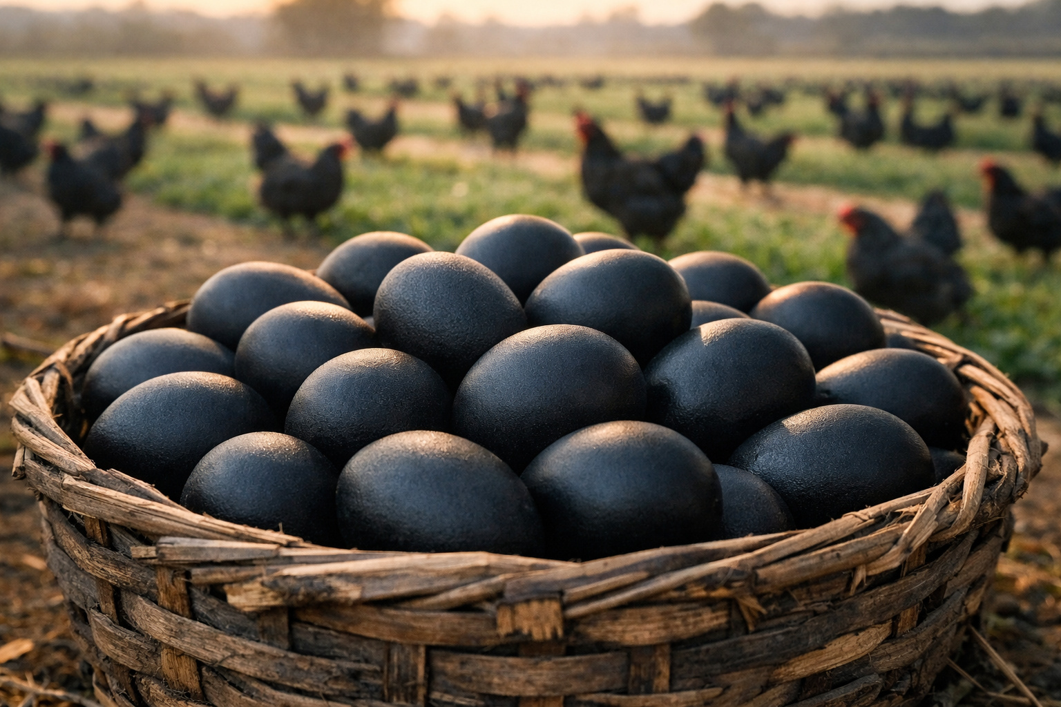 Galinhas pretas criadas soltas em campo aberto produzem ovos em sistema sustentável