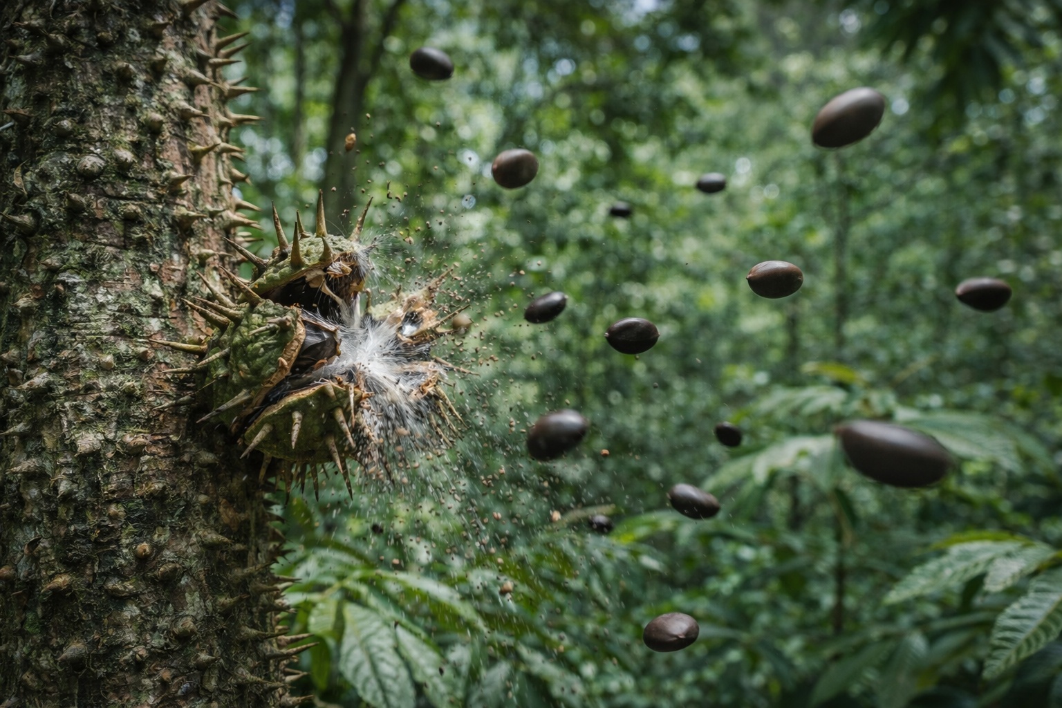 Árvore que explode sementes a 70 km/h: a Hura crepitans usa uma cápsula de alta pressão que estala como um tiro e dispara projéteis botânicos pelo ar