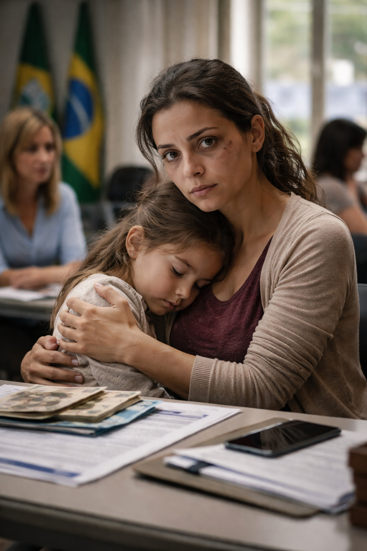 Mulher vítima de violência doméstica com filha no colo durante atendimento institucional após afastamento do trabalho com auxílio-salário garantido