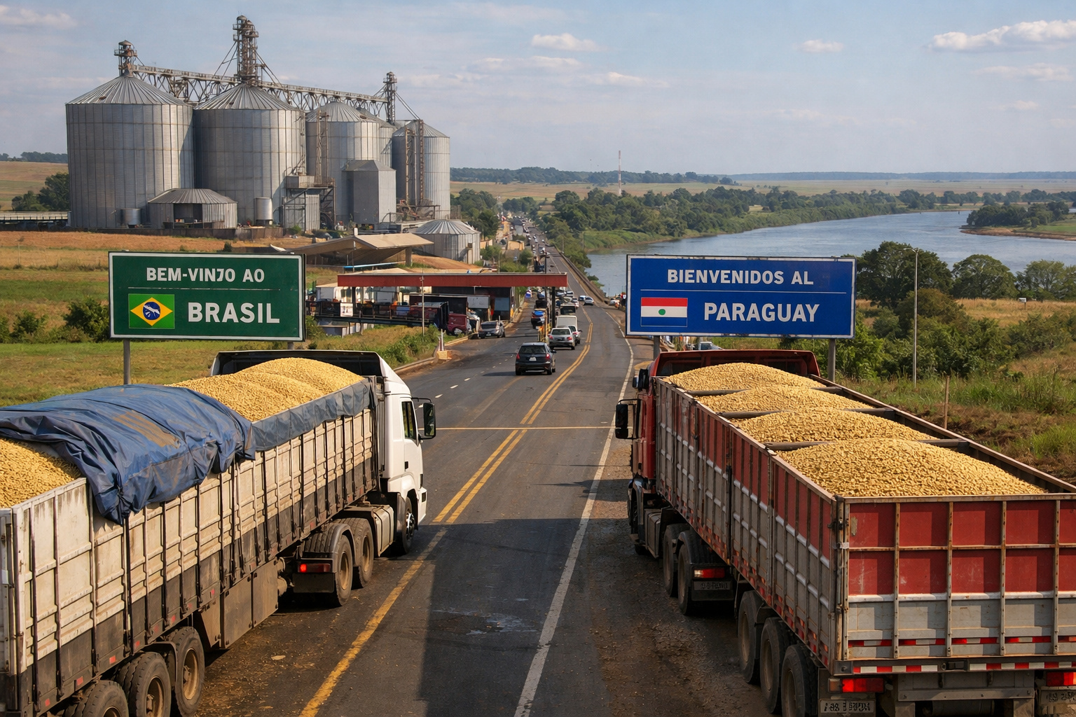 Caminhões carregados de soja cruzando a fronteira entre Brasil e Paraguai.