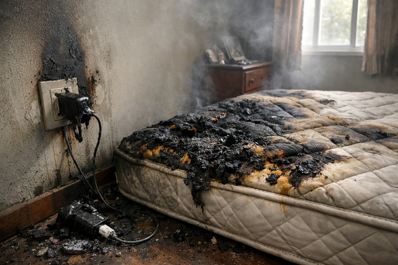 Colchão chamuscado e carregador de celular derretido após princípio de incêndio em quarto residencial.