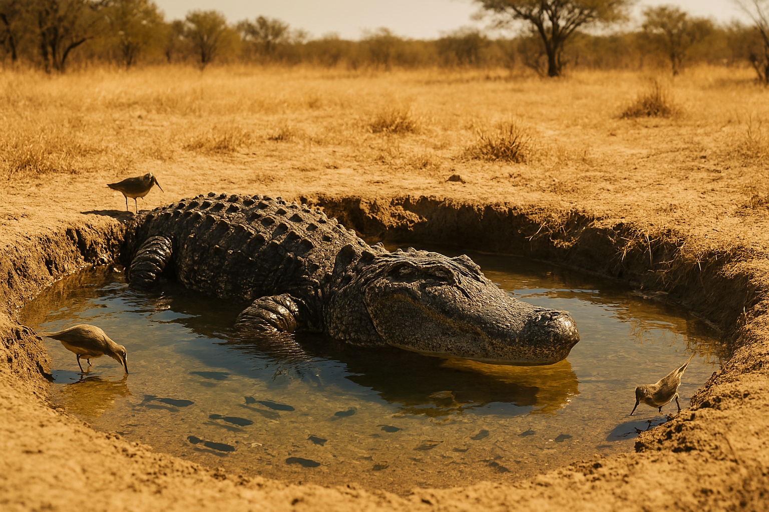 No Texas, jacarés cavam poças permanentes no calor extremo, criam oásis com peixes e anfíbios e ajudam a restaurar zonas úmidas sem que ninguém perceba: fenômeno conhecido como alligator holes.