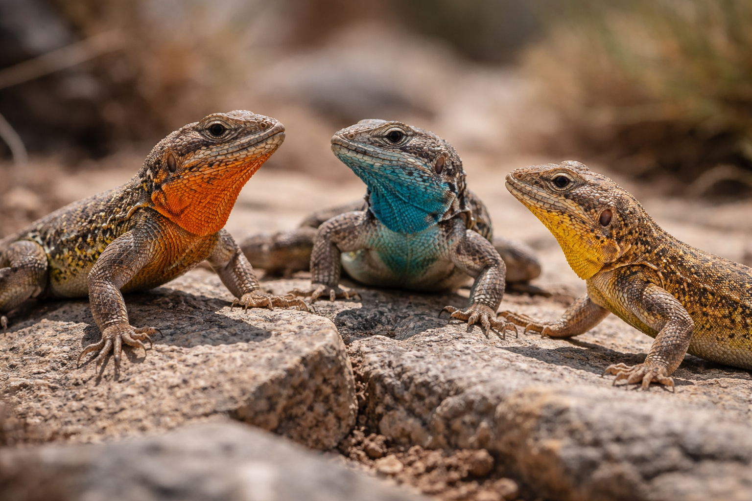 Três lagartos Uta stansburiana com gargantas laranja, azul e amarela sobre rochas no deserto, ilustrando estratégias evolutivas semelhantes ao jogo pedra, papel e tesoura.