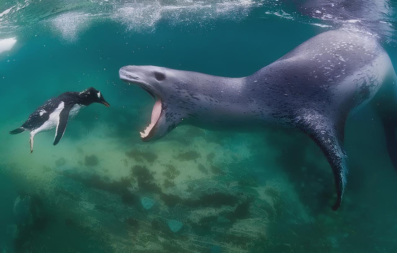 Na Antártida, o leopardo-do-mar persegue pinguins sob o gelo, usa a água como armadilha e revela uma técnica de caça tão eficiente que intriga biólogos polares há décadas