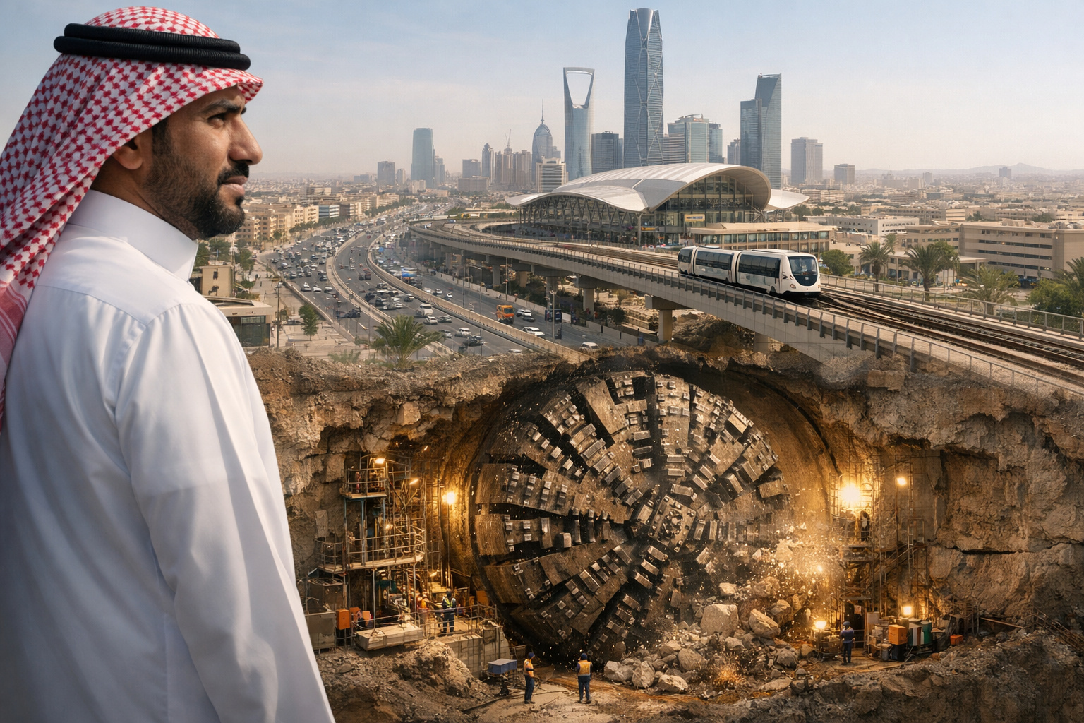 Para construir o maior metrô subterrâneo do Oriente Médio, a Arábia Saudita escavou mais de 176 km de túneis, atravessou rocha e areia com TBMs blindadas, abriu estações a até 40 metros de profundidade e redesenhou fundações inteiras sob a capital